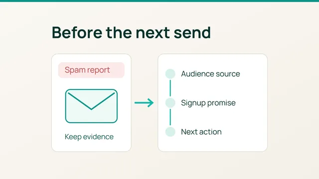 Fiche d'enquête reliant une alerte email, l'origine des contacts et la décision avant le prochain envoi.
