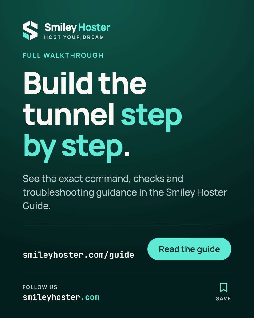 Call to read the full Smiley Hoster guide for the SSH tunnel command, checks and troubleshooting advice.