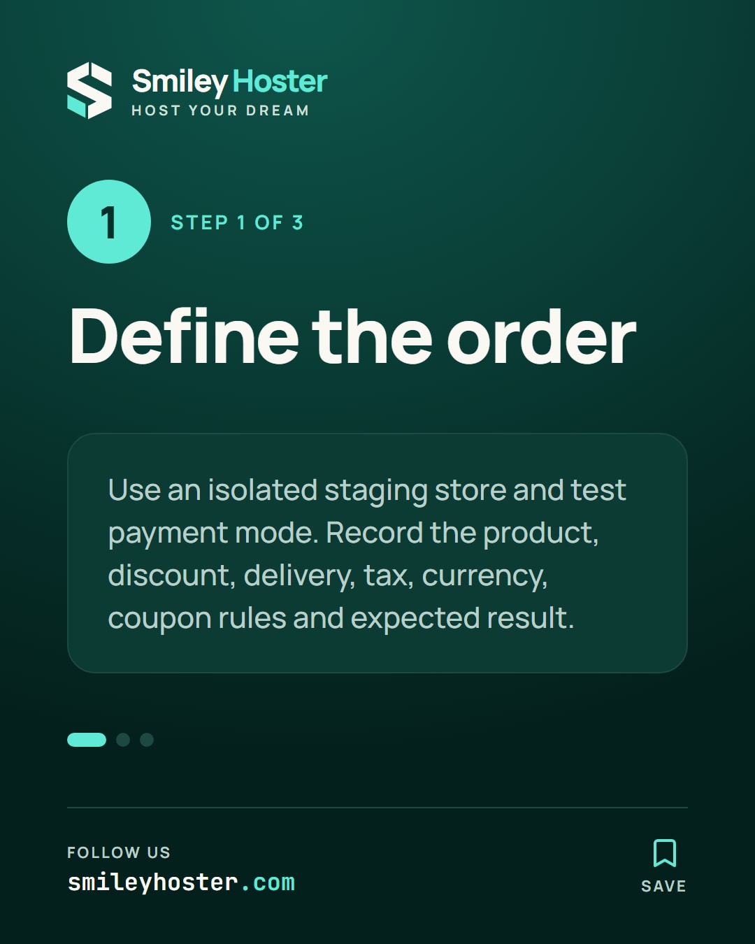 Slide 2 of 5: Step 1 of 3. Define the order. Use an isolated staging store and test payment mode. Record the product, discount, delivery, tax, currency, coupon rules and expected result.
