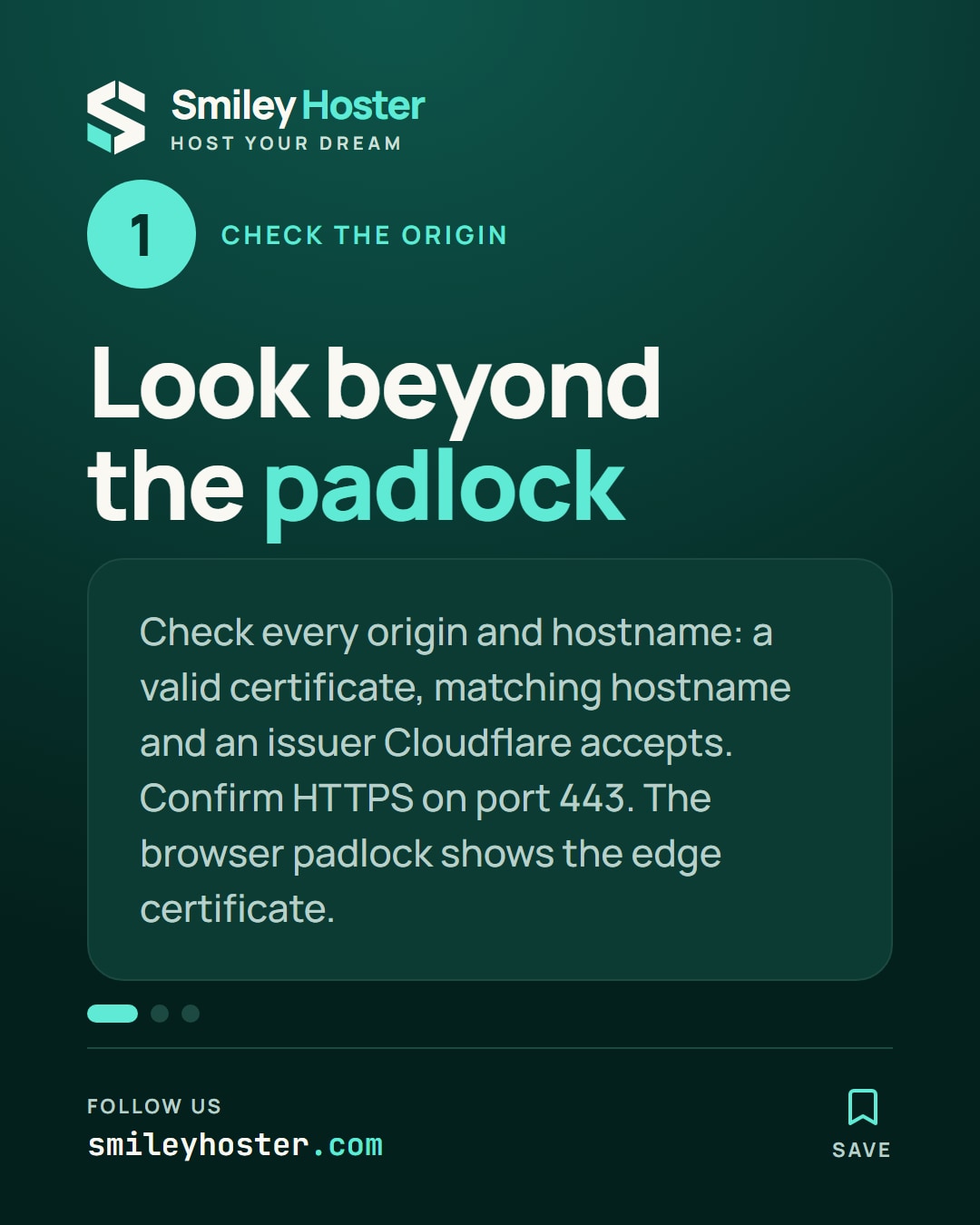 Slide 2 of 5: Check the origin. Look beyond the padlock. Check every origin and hostname: a valid certificate, matching hostname and an issuer Cloudflare accepts. Confirm HTTPS on port 443. The browser padlock shows the edge certificate.
