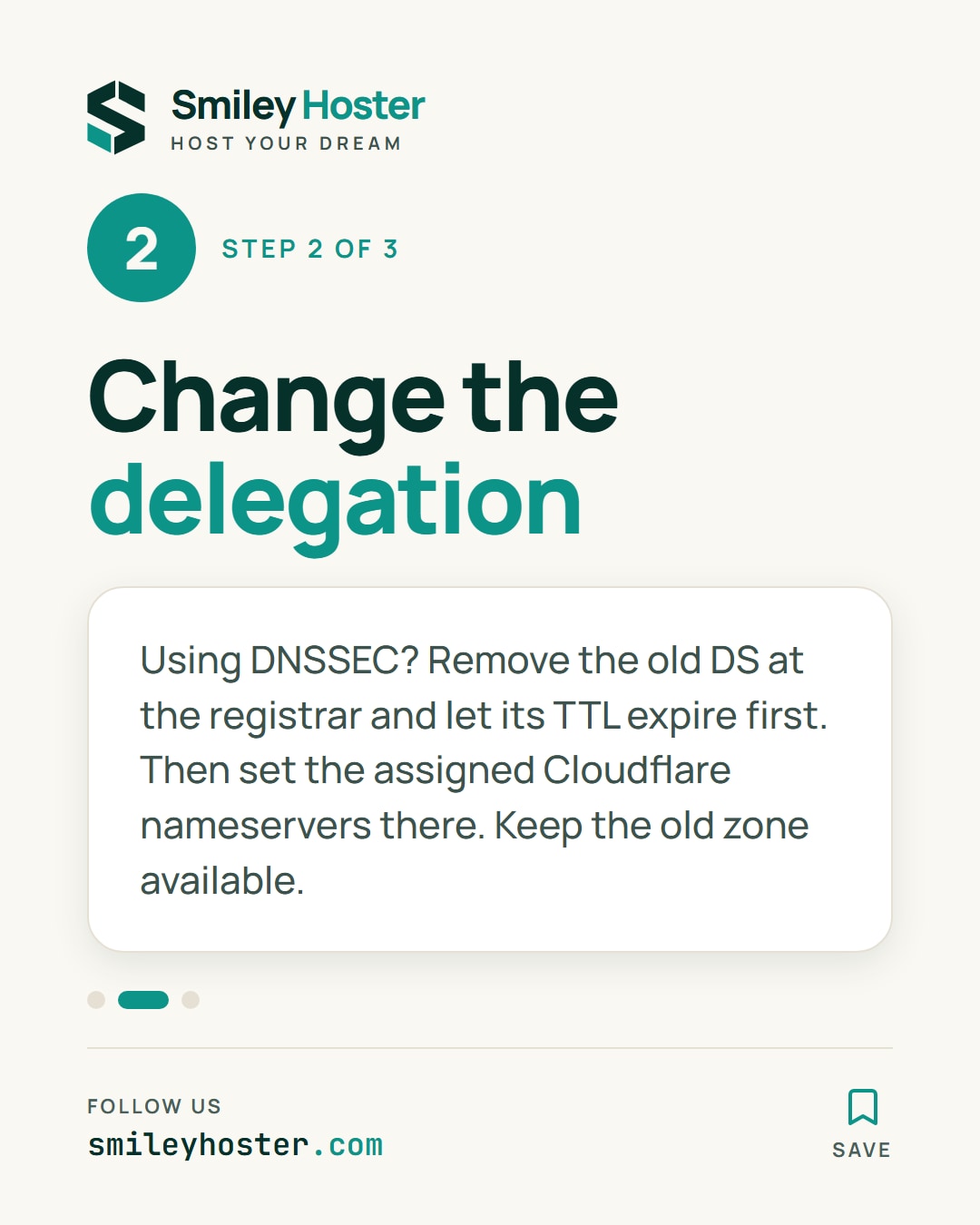 Slide 3 of 5: Step 2 of 3. Change the delegation. Using DNSSEC? Remove the old DS at the registrar and let its TTL expire first. Then set the assigned Cloudflare nameservers there. Keep the old zone available.