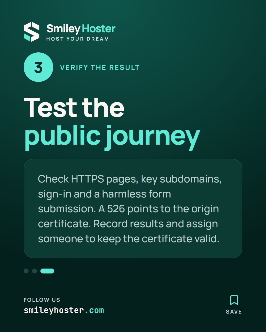 Slide 4 of 5: Verify the result. Test the public journey. Check HTTPS pages, key subdomains, sign-in and a harmless form submission. A 526 points to the origin certificate. Record results and assign someone to keep the certificate valid.