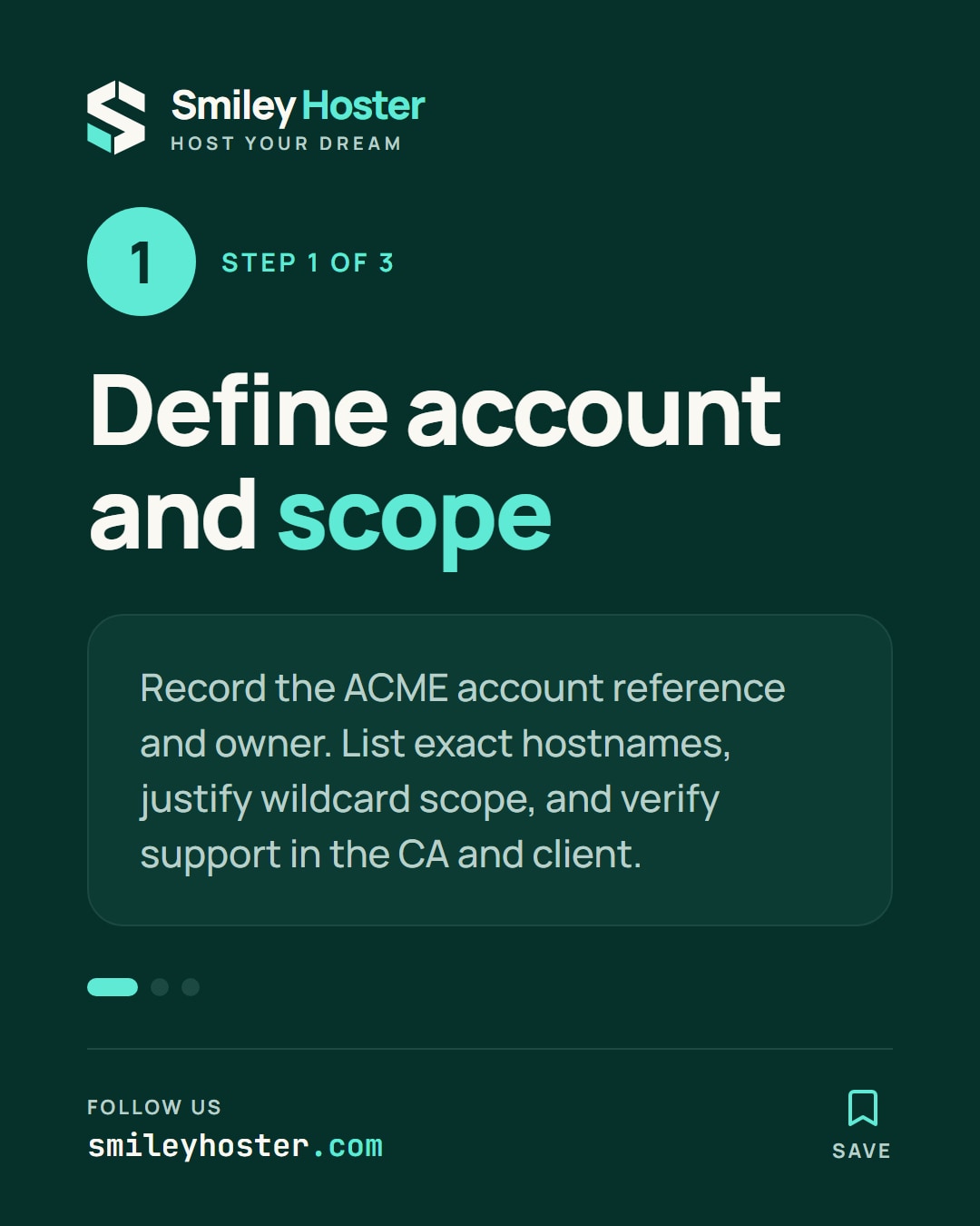 Slide 2 of 5: Step 1 of 3. Define account and scope. Record the ACME account reference and owner. List exact hostnames, justify wildcard scope, and verify support in the CA and client.