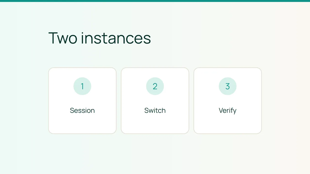 Three numbered cards show Session, Switch, Verify.
