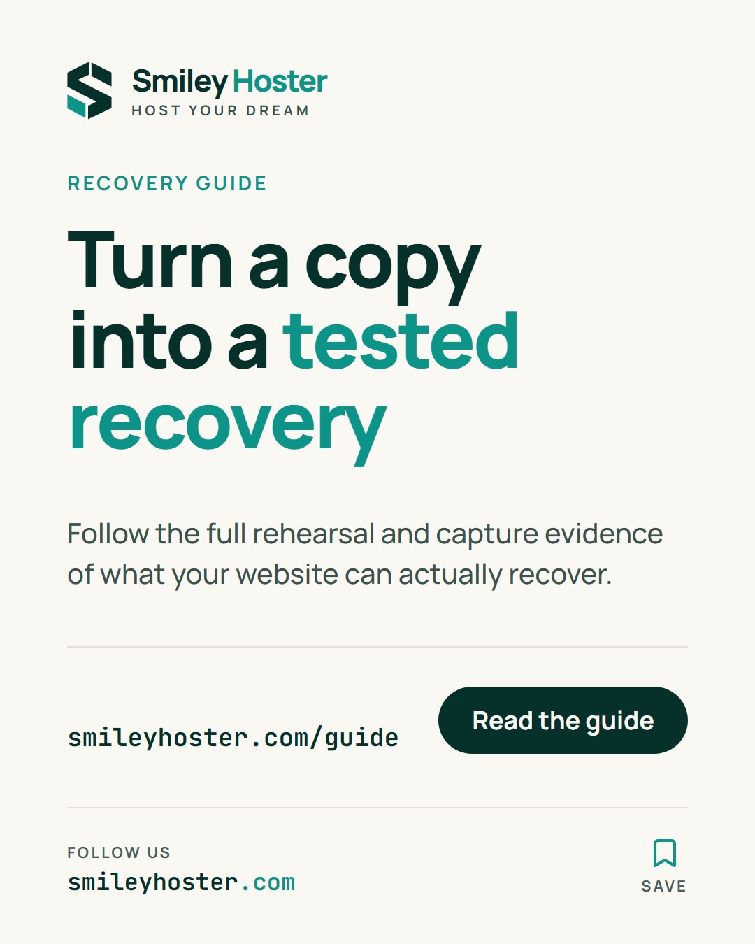 Slide 5 of 5: Recovery guide. Turn a copy into a tested recovery. Follow the full rehearsal and capture evidence of what your website can actually recover.