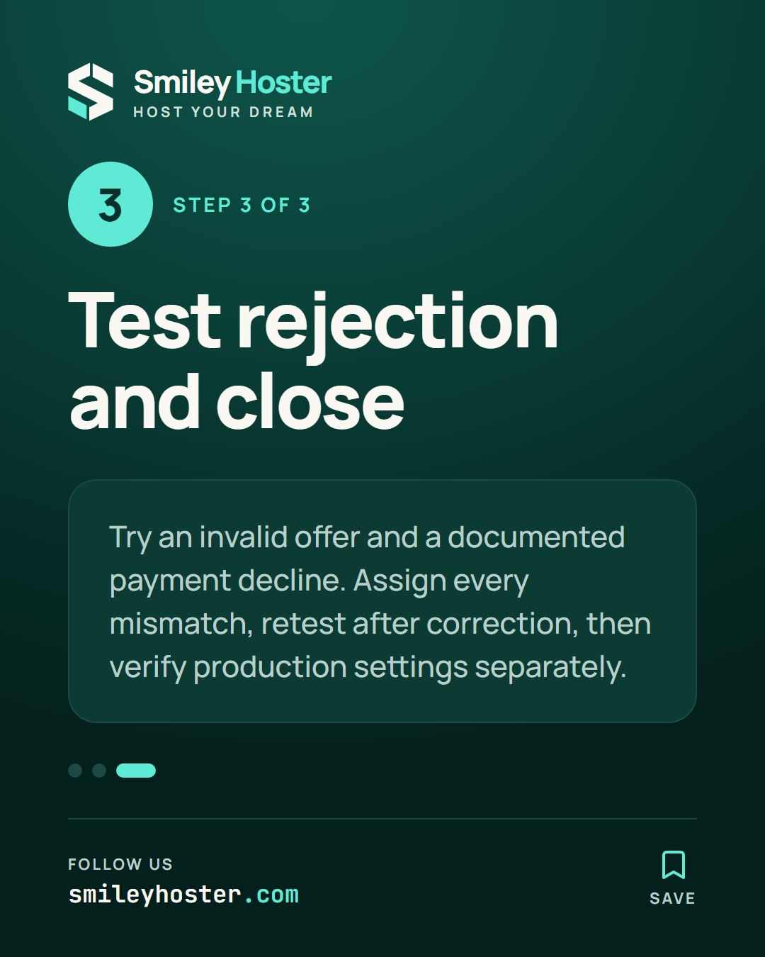 Slide 4 of 5: Step 3 of 3. Test rejection and close. Try an invalid offer and a documented payment decline. Assign every mismatch, retest after correction, then verify production settings separately.