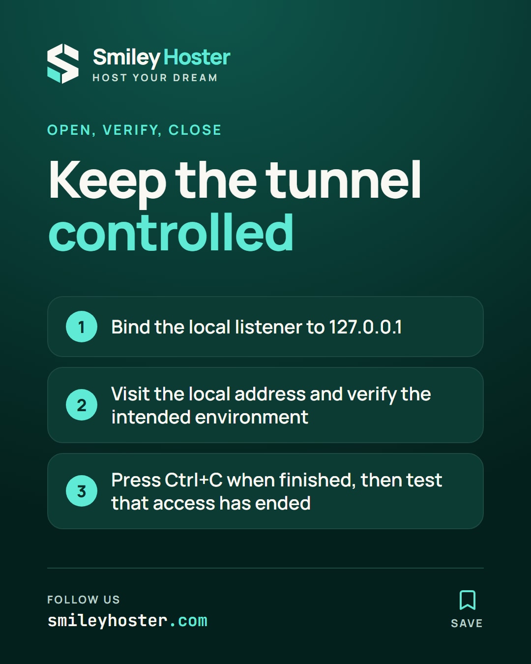 Checklist: bind the tunnel locally, verify the intended environment, then close the tunnel and confirm access has ended.