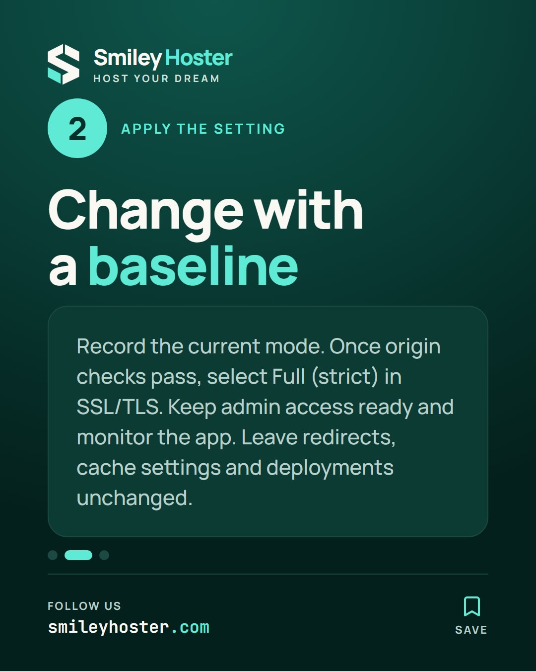 Slide 3 of 5: Apply the setting. Change with a baseline. Record the current mode. Once origin checks pass, select Full (strict) in SSL/TLS. Keep admin access ready and monitor the app. Leave redirects, cache settings and deployments unchanged.