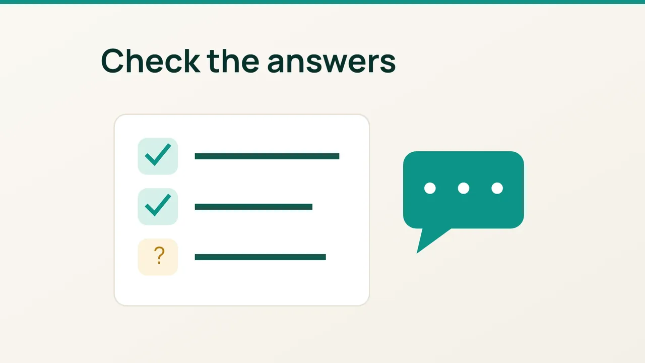 Dashboard-style test grid with green and amber checks beside conversation bubbles.